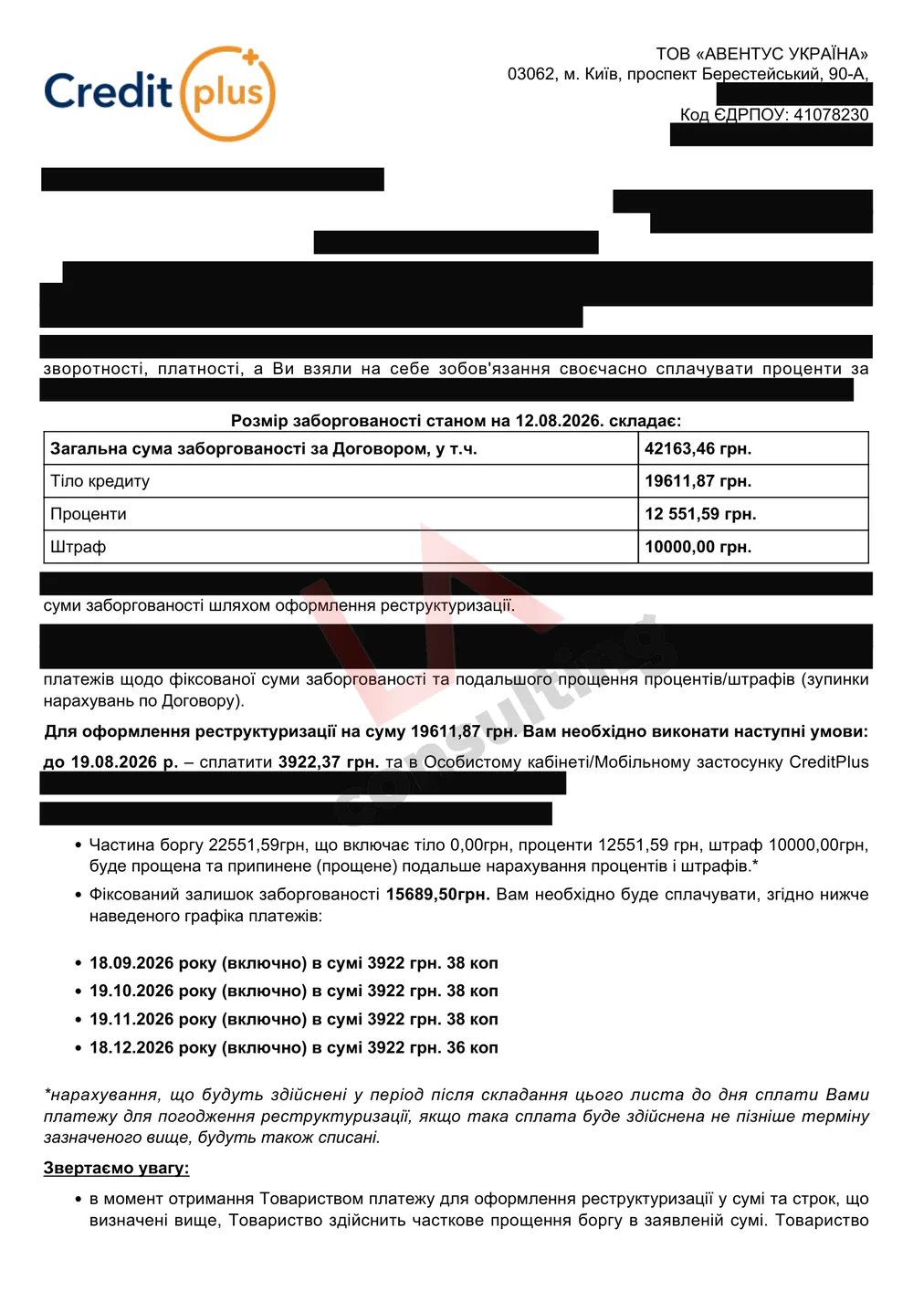 Лист «Авентус Україна» (CreditPlus) про реструктуризацію: прощення 22 551,59 грн